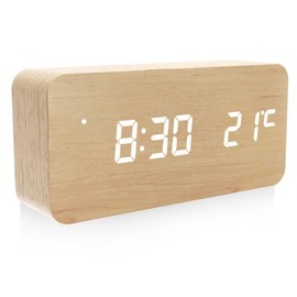 Digital Alarm Clock, Wooden Table Clock, LED Time Display, 3 Alarm Clock Settings, USB Powered, Temperature Sensing Electronic Clock, Suitable for Bedroom, Bedside Table, Desk, Office, Kids, Family