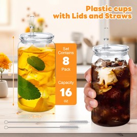 8pack Acrylic Mason Jars Cups with Lids and Straws,16 oz Clear Plastic Cups with Lids and Straws,Ice Coffee Cups,Shatterproof Drinking Tumblers for Smoothies,Cold Brew,Juice,Beer,Coffee,Milk,Tea