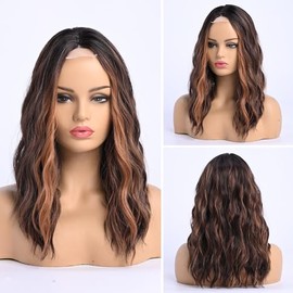 Pelucas onduladas de longitud media para mujer, 18 pulgadas, raya al medio, peluca ondulada de aspecto natural, peluca de fibra sintética resistente a