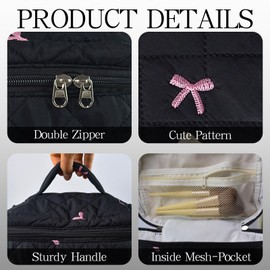 AMZMA Quilted Makeup Bag, Cute Floral Cotton Cosmetic Bag set, Coquette Bow Makeup Pouch Large Travel Toiletry Bag, Black bow