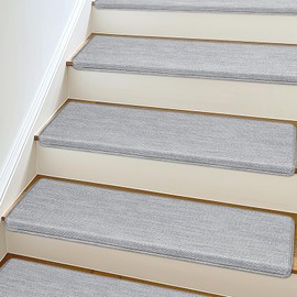 SMILOOL Bullnose Carpet Stair Treads Non Slip for Wooden Steps Indoor, 9.5" x 35" 14 Pieces, Extra Wide Bull Nose Carpet Runners for Wood Stairs, Step Covers, Stair Tread Rugs, Washable, Light Grey