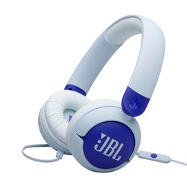 JBL Junior 320, Wired On-Ear Headphones for Kids with Built-In Mic, Safe Sound, Low Volume, 12 mm Thick Soft Pad and Sticker Set, Ultra-Portable Design, in Blue