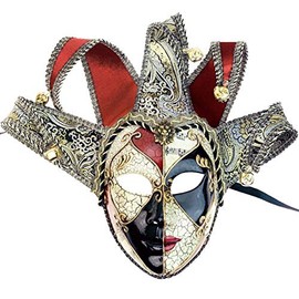 Beyond Masquerade Jester Joker Mask Mardi Gras Carnival Party Mask Wall Decor Full Face Mask Gold Bells (Women - Red/Black/Ivory)