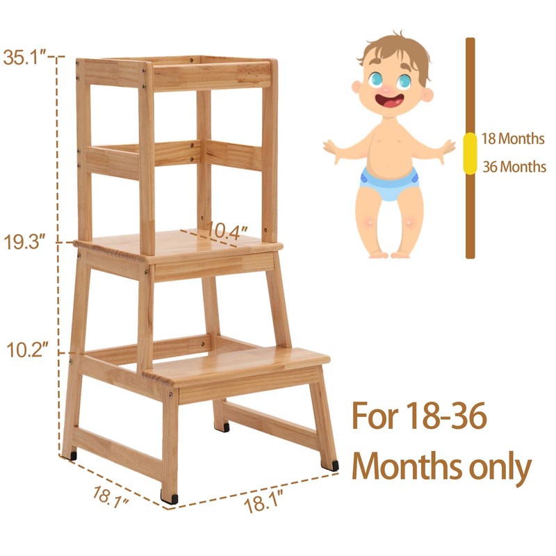 Kitchen Step Stool for Kids with Safety Rail,Solid Wood Construction