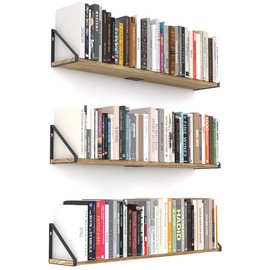Greaittle 36 Inch Floating Book Shelves, Set of 3, with Middle Brackets for Sturdiness, Hanging Bookshelves for Wall, Long Floating Shelves for Wall Storage (36" x 6", Brown)