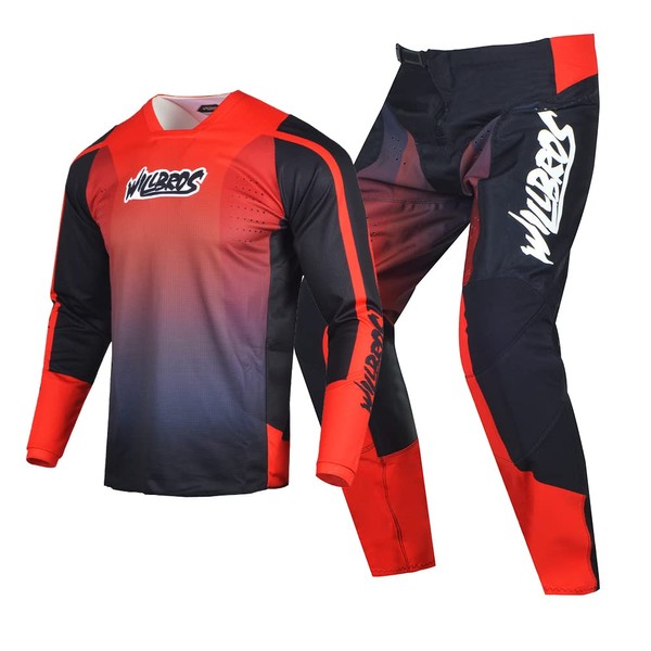 Willbros Motocross Jersey Pants Combo Mens Women Dirt Bike MX Gear Set Offroad Riding Adult Racewear Black Red (Jersey XL Pants 36)