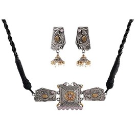 Antique Bollywood Afghani Indian Designer Pearl Silver Oxidized Bridal Bridesmaid Statement Choker Necklace Earrings Jewelry Women Girls, adjustable, Metal, No Gemstone