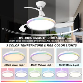 36 Inch Retractable Ceiling Fan with Lights Remote Control LED Dimmable RGB Modern Fandelier Ceiling Fan for Bedroom Living Room Dinning Room,3 Color, 6 Speed Aluminum White
