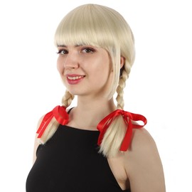Adult Brown Possessed Doll Braided Pigtail Wig with Bows, Synthetic Soft Fiber Hair, Perfect for your next Festival and Group Anime Party! (Blonde 18")