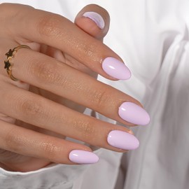 KQueenest Light Purple Press On Nails Short Oval - Acrylic Press on Nails Short Almond, Sheer Lavender Fake Nails with Glue, Glossy Opaque, Reusable Soft Gel Glue on Nails for Women, 24 Pcs