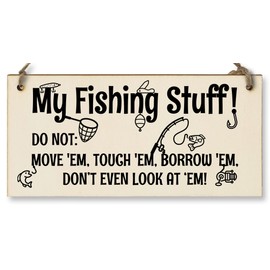 The Plum Penguin Handmade Wooden Hanging Wall Plaque My Fishing Stuff Don't Touch Funny Sign for Keen Anglers Shed Sign