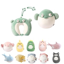 Kids Travel Pillow 2-in-1 Malleable Neck Pillow, Soft U-shaped Pillow with Cute Plush Toys, Cosy Sleeping and Play Companion for Aeroplanes, Cars and Travel – Green Fish