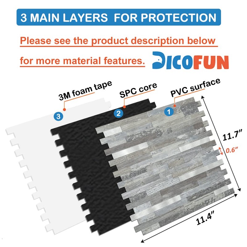 DICOFUN 10-Sheet Peel and Stick Backsplash Wall Tile, PVC Kitchen