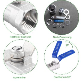 Ball Valve, Stop Valve, 1 Inch Female Thread Ball Valve Made of 304 Stainless Steel with Lever Handle, Manual Shut-off Valve, Double-Sided Sleeve Connection, Ball Valve, for Water, Oil, DN25 Long