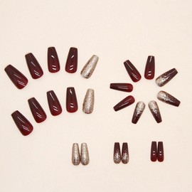 Medium Press on Nails Coffin Fake Nails with Glitter Designs Red Nails Press ons Glossy Glue on Nails Cute Acrylic Nails Winter False Nails Artificial Stick on Nails for Women 24Pcs