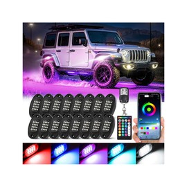 16 Pods RGB LED Rock Lights with Extension Wires, Waterproof Multicolor Underglow Kit for Trucks Trailer Offroad Pickup RV UTV, Dual Zone Brake Neon Underbody Light with APP/RF Control Music Sync 12V