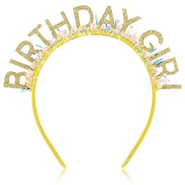 Jaciya Birthday Girl Glitter Headband for Women Girls Sparkling Gold Party Hair Accessories with Confetti Tinsel