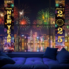 Happy New Year Porch Sign Decorations 2025 New Years Door Banner 2025 Eve Decoration Colorful Firework New Year House Porch Banner for Home Front Indoor Outdoor New Year Holiday Eve Party Supplies