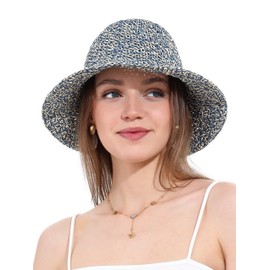 sy soul young Women's Straw Hat Wide Brim Hand Woven Foldable Beach Bucket Summer UV Protection UPF50+ Travel, Beige and blue, Unit size