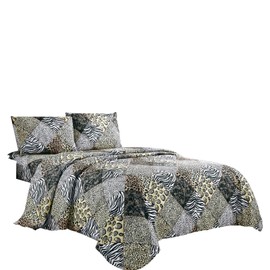 WPM 3 Piece Animal Print Sheet Set, Black White Gray Leopard Zebra Giraffe Jungle Forest Theme Flat Fitted Sheets with Pillow Sham Twin Size Bedding- Safari Design (Black, Twin)