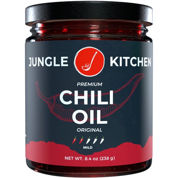 Jungle Kitchen Receta china de aceite de ajo crujiente – Aceite de chile vegano gourmet con un perfil de sabor picante y salado suave – Ideal para carnes, freír, verduras, hecho en los Estados Unidos – 8.4 onzas