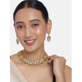 Aheli Temple Jewellery Indian Laxmi Goddess Wedding Wear Faux Stone Studded Floral Design Crafted Necklace Earrings Set Ethnic Fashion Jewelry Gift for Women (Red-Green Godess Laxmi Choker)