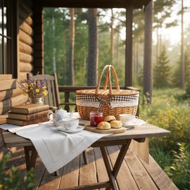 Wicker Picnic Basket with Lid and Handle Sturdy Woven Body with Washable Lining,Coffee Grids