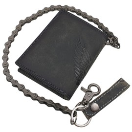 myledershop Genuine Buffalo Full Leather Wallet / Purse in Portrait or Landscape Format with Metal Chain and Skull Motif with RFID & NFC Protection in Vintage Grey, Model 1 / Portrait / Vintage Grey,