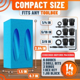 14 Pcs Pocket Hole Jig Kit for Woodworking – Aluminum Pocket Screw Jig ±0.2 mm Precision, 15° Drill Guide, 6 Bushings 6–10 mm, 3 Bits, Stop Collars, Case & Adapter – For Concealed Holes, Wood Joining