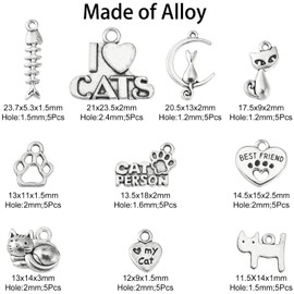 UR URLIFEHALL 50 Pcs 10 Styles Tibetan Antique Silver Cat Theme Charms Paw Print Fishbone I Love my Cat Charms for DIY Jewellery Making