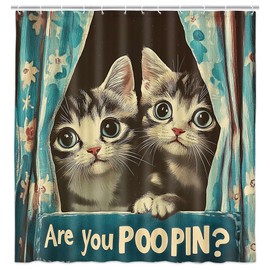 Funny Cat Shower Curtain Cute Retro Cool Cartoon Kitty are You Poopin' Fun Teal Humorous Animal Cloth Bathroom Shower Curtain Set with Hooks 71X71 Inch