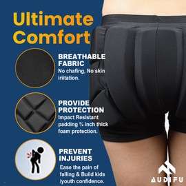 AUDIFU Kids Butt Pad Shorts for Skating Snowboarding Ski, Hip Protective Padded Shorts for Youth Child (Large)