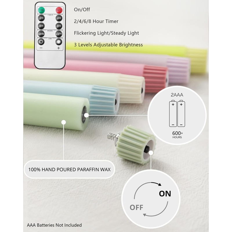 Stmarry Multicolored Pastel Flameless Taper Candles with Remote and Timer,
