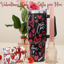 ZNYYZYBA 40 oz Valentines Tumbler with Handle and Straw, Stainless Steel Insulated Heart Tumbler 40 oz, Reusable Valentines tumbler with Leak Proof Lid, Valentines Gifts for Her