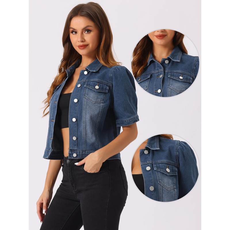 Allegra K Casual Jean Jacket for Women's Short Puff Sleeves