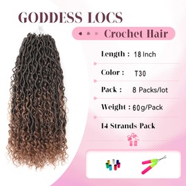 Faux Goddess Locs Crochet Hair 18 Inch Boho River Locs Hippie Wavy Crochet With Curly Hair In Middle And Ends Braids Hair Extensions (8 Packs,18 inch, T30)