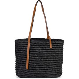 styleBREAKER Women's Basket Weave Shoulder Bag Made of Paper Straw Beach Bag with Long Handles, Braided Bag, Shopper 02012381, black
