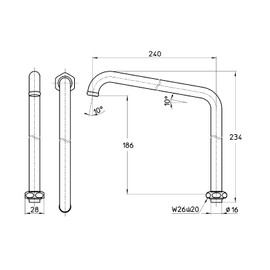 SANEI A230-61X2H-16 Waist Pipe Upward Diameter 0.6 inch (16 mm), Length 9.4 inches (240 mm), Silver