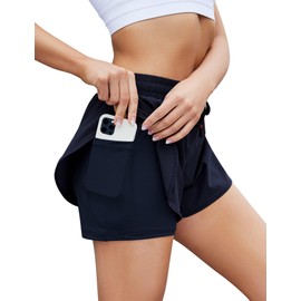KOJOOIN - Pantalones cortos deportivos para mujer, de secado rápido, cintura alta, para correr, entrenamiento, gimnasio, con bolsillo, Azul oscuro, L
