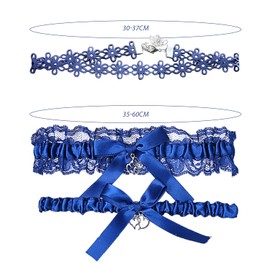 1 Pair of Garters and 1 Neck Strap, Lace Garters, Wedding Garters, Bow Leg Straps, Bridal Jewelry, Clothing Accessories Dark Blue