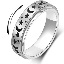 AmorArtSky Spinner Ring for Anxiety Relief Fidget: Anxiety Ring for Women Men, Titanium Stainless Steel Spinner Ring, 5 Colors, 6MM, Size 9, Moon Star Fidget Ring-Silver