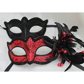 THE GOOD LIFE HIS N HERS PAIR OF BLACK & RED VENETIAN MASQUERADE CARNIVAL PARTY EYE MASKS LADIES AND MENS