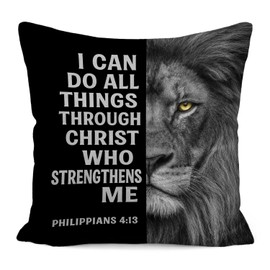 FOPENEM Inspirational Christian Lion Pillow Cover 18x18, I Can Do All Things Through Christ Philippians 4:13 Bible Verse Religious Decorative Pillow Cover for Home Boys Room Man Cave Sofa Couch