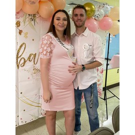 Floral Mesh Bishop Short Sleeve Maternity Midi Dress, Summer Maternity Bodycon Dress for Baby Shower/Photoshoot/Wedding Guest Pink