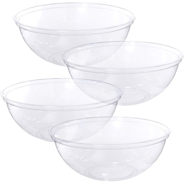 PLASTICPRO Disposable Round Serving Bowls, Party Snack or Salad Bowl, Plastic Crystal Clear Pack of 4 (X Large Bowls, 4)