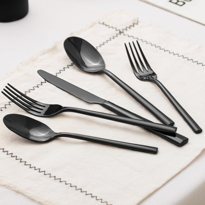 KINGSTONE Black Silverware Set, 20-Piece Forged Flatware Set Cutlery Set