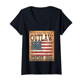 Womens I'm Voting For The Outlaw Pro Trump 2024 Flag Wanted Poster V-Neck T-Shirt