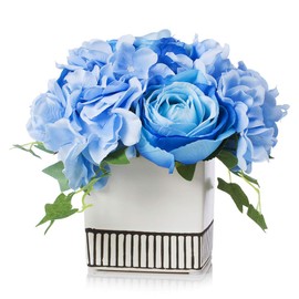 Enova Home Artificial Rose and Hydrangea Silk Flowers Arrangements in White Ceramic Pot for Home Wedding Decoration (Blue)
