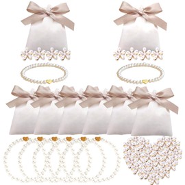BATHRINS 48 Pcs Bridesmaid Jewelry Favors Set - 8 Pearl Bracelets, 32 Pcs Mini Pearl Claw Clips With Flower Design And 8 Jewelry Storage Bags, Wedding Bridal Party Favors