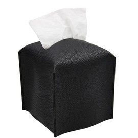 Tissue Holder White Tissue Box Cover, Square Decorative PU Leather Tissue Box Holder with Bottom Belt, JOMWEN Paper Organizer Dispenser for Home, Car, Hotel, Office 5"X5"X5" (Black)